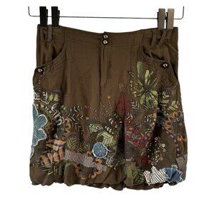 Desigual Bubblehem Mini Skirt Olive Green Embroidered Art Pockets Womens 12